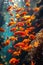 Vibrant orange tropical fish exploring the dynamic underwater world of a coral reef bathed in sunlight.