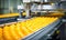 Vibrant oranges on a conveyor belt in a factory. Created by AI tools