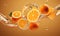 Vibrant oranges submerged in clear water with effervescent bubbles. Created by AI