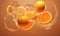 Vibrant oranges submerged in clear water with effervescent bubbles. Created by AI