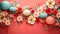 vibrant oriental display with various paper lanterns and flowers. The pink background enhances the colorful and festive atmosphere