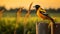 Vibrant Oriole Perched On Wooden Fence In Lush Farm Setting
