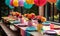 Vibrant outdoor party setting with colorful decorations, paper lanterns, party hats, and a festive table set for a joyful