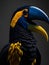 Vibrant, oversized beak of a toucan, highlighting the vivid oranges, yellows
