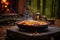 vibrant paella in rustic outdoor setting with campfire smoke