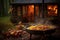 vibrant paella in rustic outdoor setting with campfire smoke