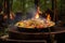 vibrant paella in rustic outdoor setting with campfire smoke