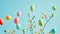 Vibrant painted Easter eggs among delicate spring blossoms against a sky-blue background