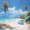 A vibrant painting of an automobile parked on a sandy beach surrounded by swaying palm trees