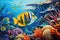 This vibrant painting captures the beauty of a fish swimming amidst a lively coral reef, Tropical fish depicted on a coral reef in