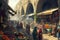 A vibrant painting capturing the lively atmosphere of a market, as people shop for various goods and produce, A bustling Medieval