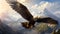 A vibrant painting capturing the majestic sight of an eagle soaring gracefully through the sky above a stunning mountain range, An