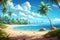 Vibrant painting capturing the serene beauty of a tropical beach, adorned with majestic palm trees, A tranquil beach scene during