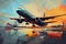 A vibrant painting capturing the thrilling moment of an airplane lifting off from a runway, Airplanes symbolizing international