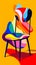 Vibrant painting depicting a chair on a bright yellow background