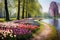 This vibrant painting depicts a serene park filled with blooming flowers and tall, majestic trees., Panoramic view to spring
