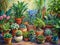 A vibrant painting of a diverse array of potted plants and flowers.