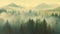 This vibrant painting showcases a dense forest teeming with an abundance of towering trees., Misty landscape with fir forest in