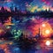 Vibrant paintings of city skylines with sunset reflections and bright colors (tiled