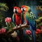 Vibrant Pair: Two Colorful Macaws Together. Generative AI