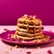 Vibrant Pancakes With Caramel Dripping On A Pink Plate