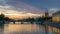 Vibrant panorama of Wroclaw and Odra river over vivid sunset