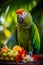 Vibrant Parrot Perched on Relaxed Shoulder in Tropical Oasis