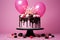 A vibrant party scene: a candlelit strawberry cake on a chocolate stand, backed by a sea of balloons and dessert. AI Generated