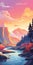 Vibrant Pastel Cartoon Illustration Of Kings Canyon National Park At Golden Hour