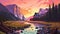 Vibrant Pastel Cartoon Of Yosemite National Park At Golden Hour