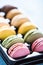 Vibrant pastel color macaroons cookies in tray