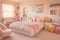 Vibrant pastel girly bedroom, pastel pillows. Creating modern interior. Generative AI.