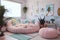 Vibrant pastel girly bedroom, pastel pillows. Creating modern interior. Generative AI.