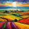Vibrant Patchwork Farmland Scene with Colorful Crop Rows