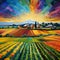 Vibrant Patchwork Farmland Scene with Colorful Crop Rows