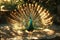 Vibrant peacock display detailed, photorealistic view of iridescent plumage and fanned tail