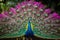Vibrant Peacock: Majestic Display of Multicolored Feathers in Lush Tropical Setting