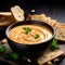 Vibrant Peanut Hummus With Bread And Parsley On Wooden Plate