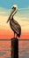 Vibrant Pelican On Post Illustration With Richly Colored Skies