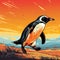 Vibrant Penguin Art: Sunset Island Beach With Lively Movement