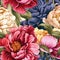 Vibrant Peonies Bloom In An Embroidered Garden Of Tranquility. Seamless Background