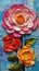 Vibrant Peony: A Thick Impasto Acrylic Painting with Visible Layers and Melted Paint on a Blue Background