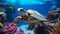 Vibrant Photorealistic Turtle Swimming In Coral Aquarium