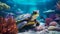 Vibrant Photorealistic Turtle Swimming Under Coral With Dutch Marine Scenes