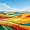 Vibrant and Picturesque Art Style Illustrating Rolling Crop Fields