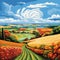 Vibrant and Picturesque Art Style Illustrating Rolling Crop Fields