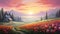 A vibrant and picturesque portrayal of tulips flowers and small cottage, AI-generated
