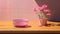 Vibrant Pink Bowl With Flowers - Cartoon Realism Wood Table Decor
