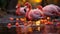 Vibrant pink feathered bird reflects elegance in tranquil pond generated by AI