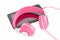 Vibrant pink female headphones and black tablet pc
